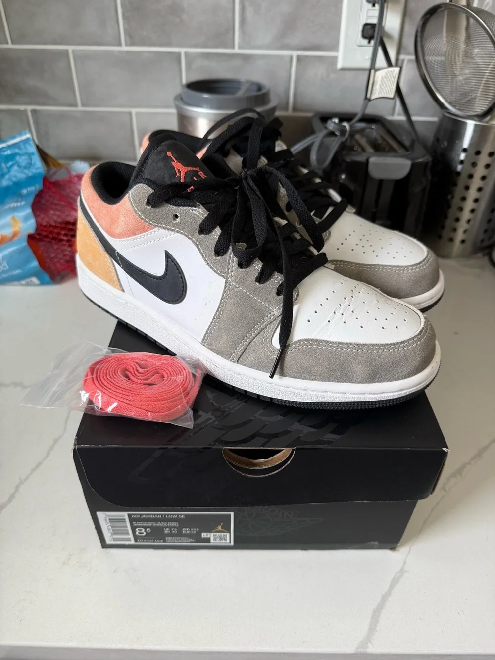 Jordan Low Top Sneakers - White Gray Black with Coral and Orange Accents